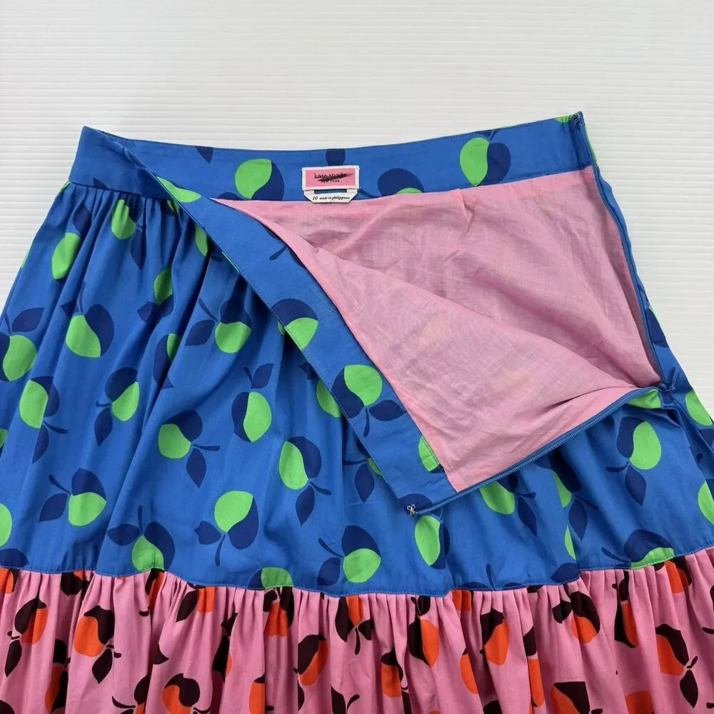 Kate Spade New York Skirt Size 10 Fruit Print Tiered Cotton Maxi Colorblock